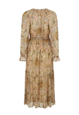 a-long-sleeved-midi-dress-with-a-ruffled-waist-and-a-delicate-paisley-pattern-in-beige-gold-and-brown-tones-shown-against-a-plain-white-background