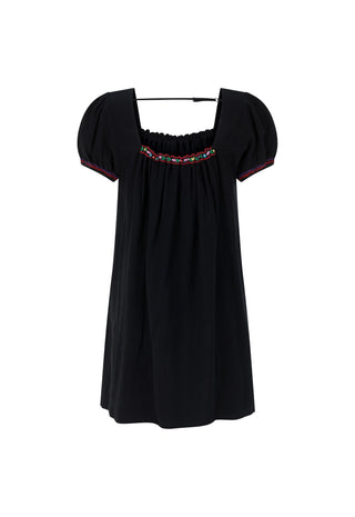 a-black-short-sleeve-dress-with-puff-sleeves-and-a-smocked-bodice-featuring-a-colorful-embroidered-band-around-the-neckline-shown-against-a-plain-white-background