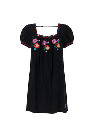a-black-short-sleeve-dress-with-puff-sleeves-and-colorful-floral-embroidery-across-the-smocked-neckline-shown-on-a-plain-white-background