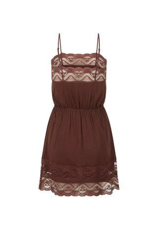 a-brown-spaghetti-strap-nightgown-or-mini-dress-featuring-lace-trim-at-the-bust-waist-and-hem-displayed-against-a-solid-white-background