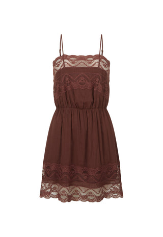 a-brown-spaghetti-strap-mini-dress-with-lace-trim-at-the-chest-waist-and-hem-shown-against-a-plain-white-background