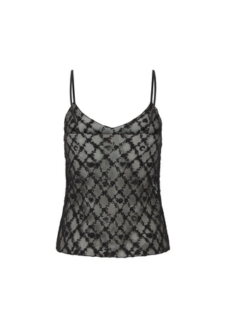 a-black-and-gray-patterned-lace-camisole-top-with-thin-spaghetti-straps-displayed-against-a-solid-white-background
