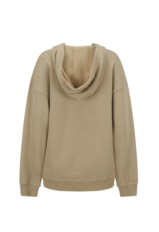 A beige cowl neck pullover hoodie with a relaxed fit, displayed against a solid white background.