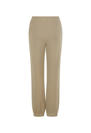 A pair of beige wide-leg trousers with elastic waistband and gathered ankle cuffs, shown against a plain white background.