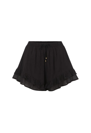 black-ruffled-mini-shorts-with-a-drawstring-waist-and-small-decorative-gold-buttons-shown-against-a-plain-white-background