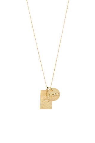 front-view-of-spell-s-leo-stargazer-zodiac-necklace-the-double-embossed-pendant-charm-necklace-comes-in-22k-gold-vermeil-and-hangs-from-a-twisted-rope-chain